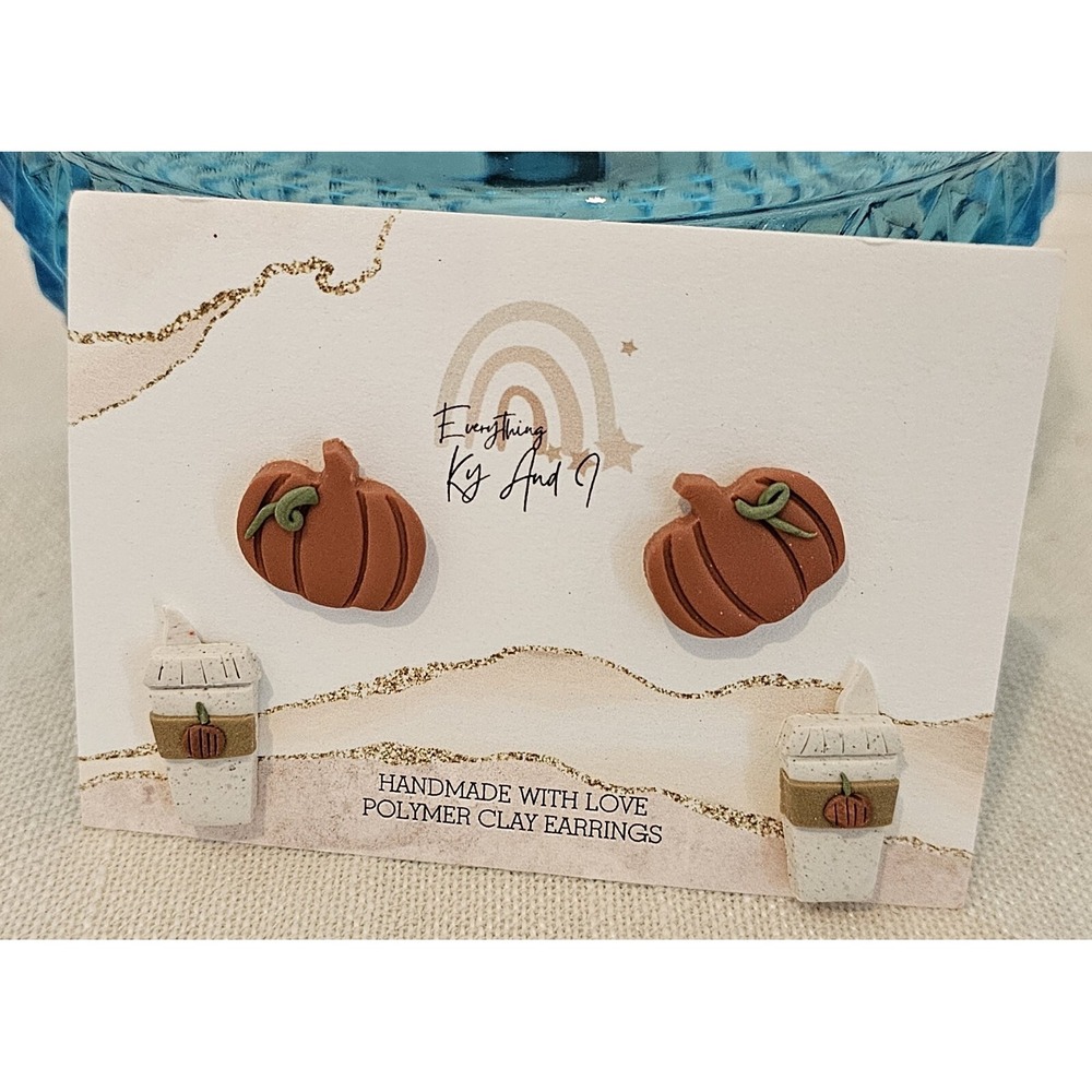 Fall Pumpkins And Latte Clay Handmade Stud Earrings NEW!!